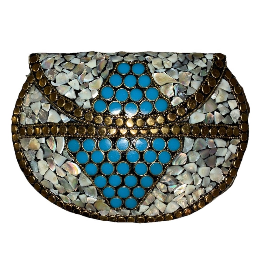 Ramla Porte-Moi Clutch Moroccan Mosaic Pearl/Turquoise‎ Gold Handmade NEW